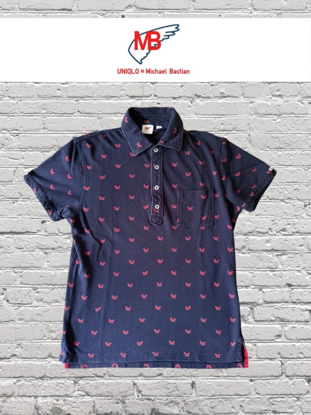 Michael Bastian x Uniqlo Polo S Navy Red Squirrel Print Chest Pocket
